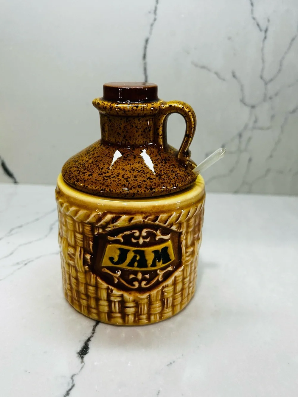 Vintage Lefton Fine China Lidded Jam/Jelly Jar/Jug with Plastic Spoon Japan